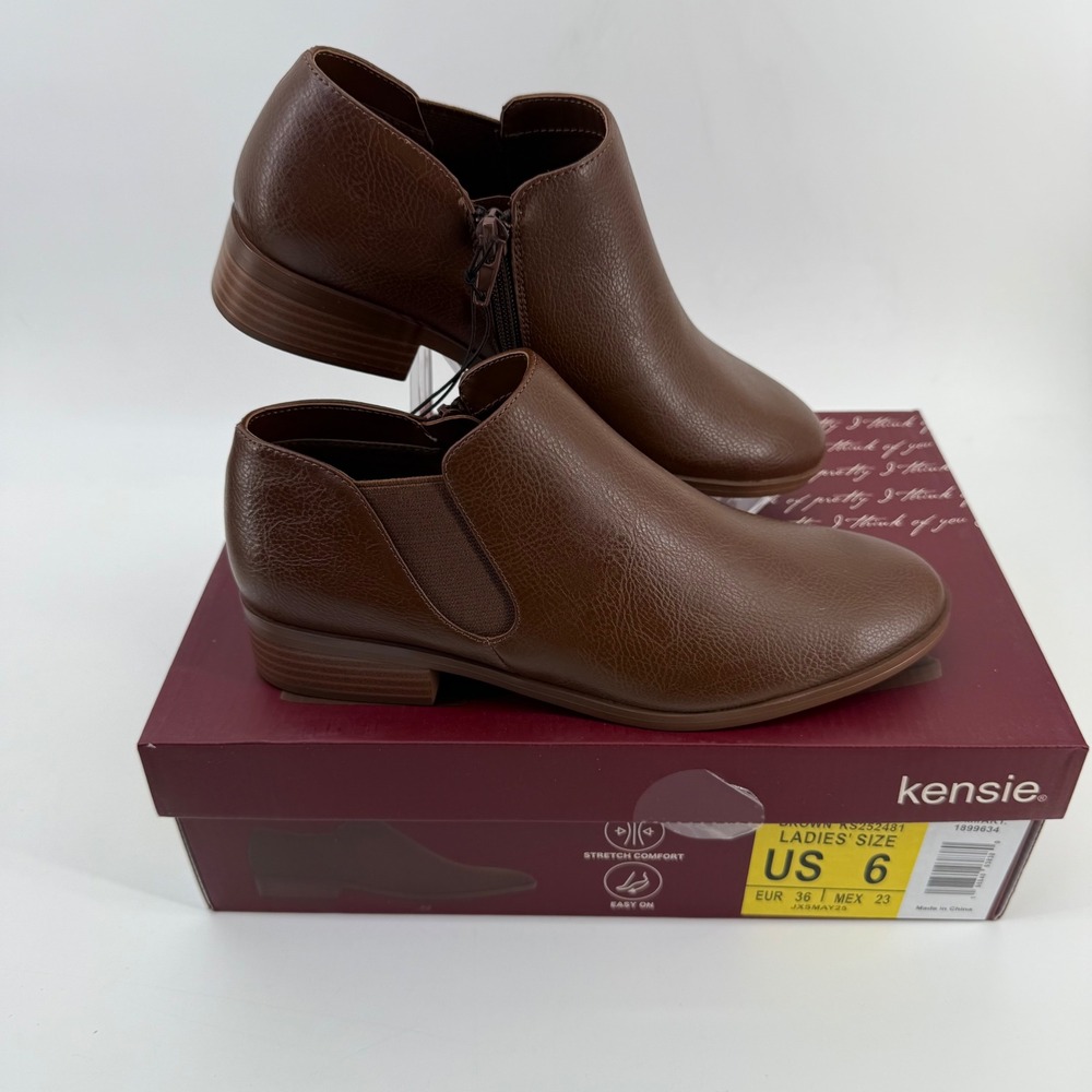 Kensie Sammy‎ Brown Faux Leather Ankle Boots Side Zip Stretch Comfort Women US 6